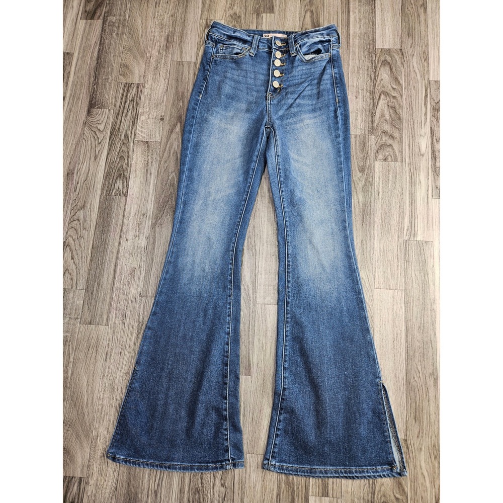 SO Flare Jeans Women 3/26W Blue High Rise Button Fly Side Slit Boho Y2K Denim